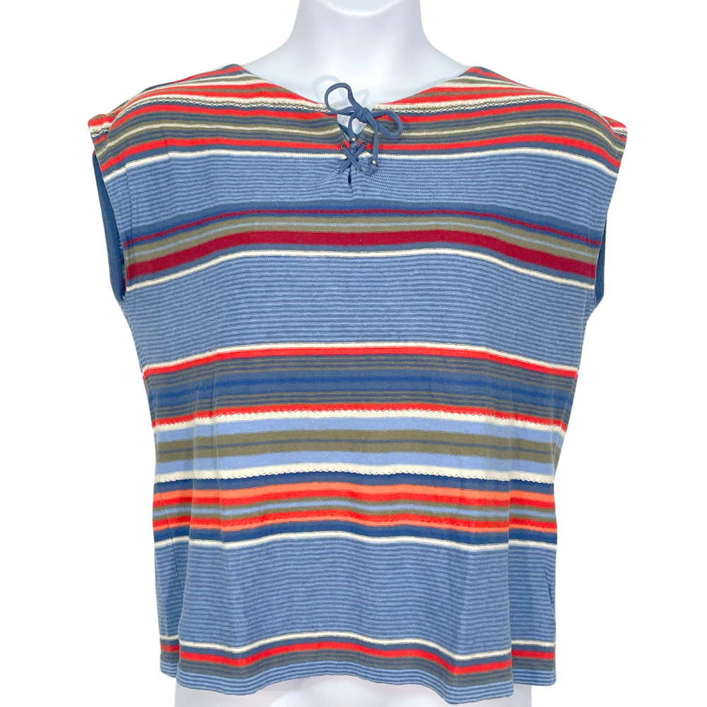 3/$20 Chaps Sz L Cap Sleeve Sweater Lace-Up Neckline Striped Linen Blend Western